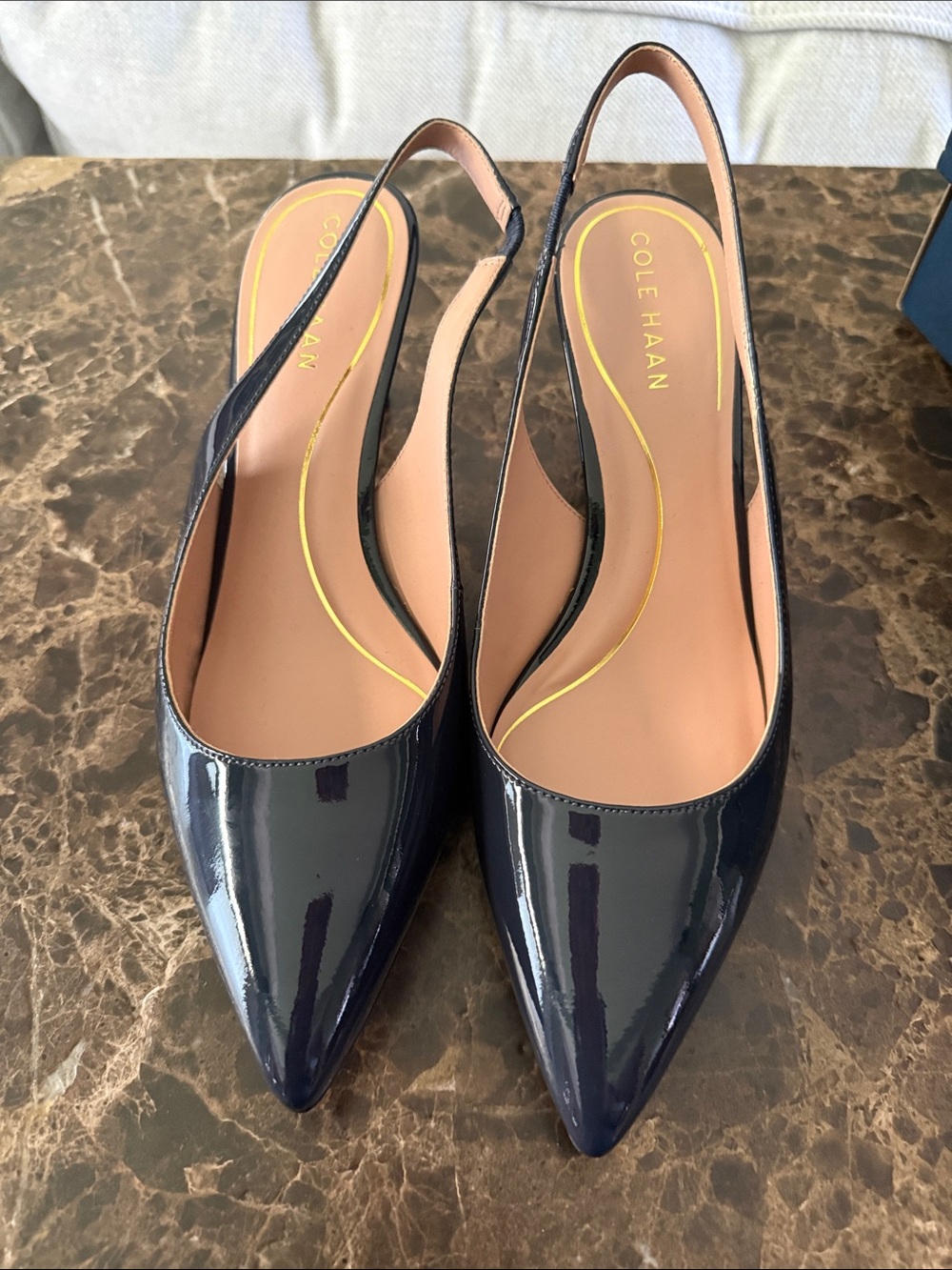 Cole Haan Navy Patent Pointed-Toe Slingback Heels